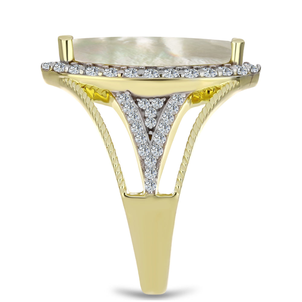 Pierścionek srebrny pozłacany z matką pereł i białym topazem