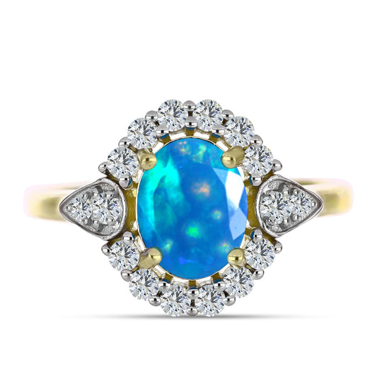 Pierścionek srebrny pozłacany z rajskim opalem etiopskim i białym topazem