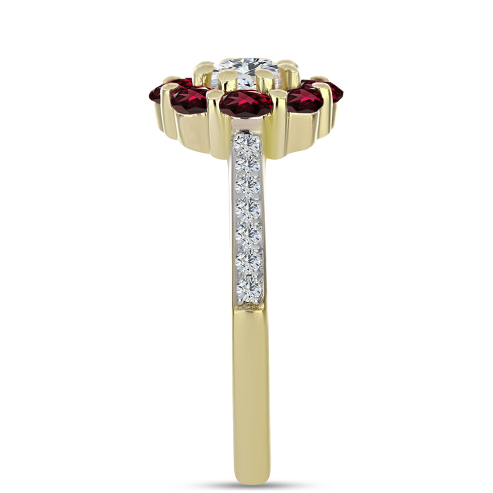 Pierścionek srebrny pozłacany z granatem rodolitem i białym topazem