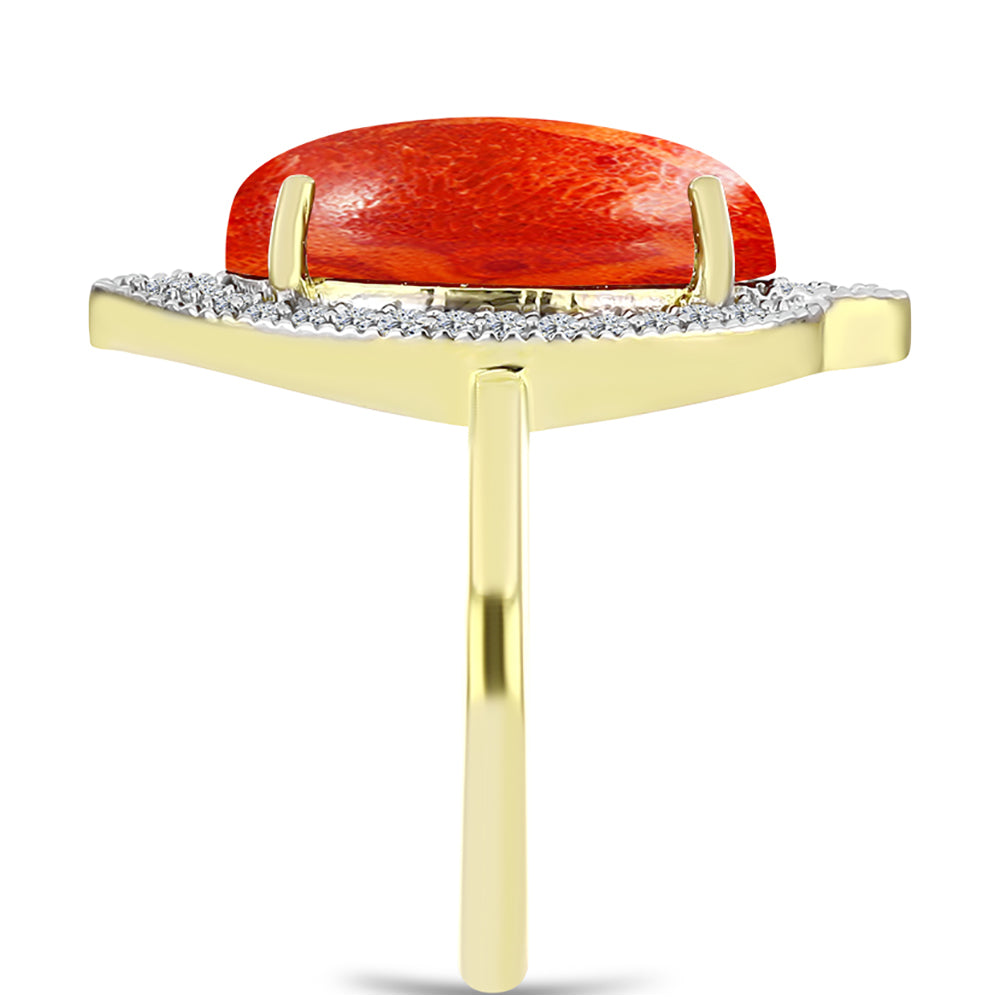 Pierścionek srebrny pozłacany z czerwoną gąbką koralową i białym topazem
