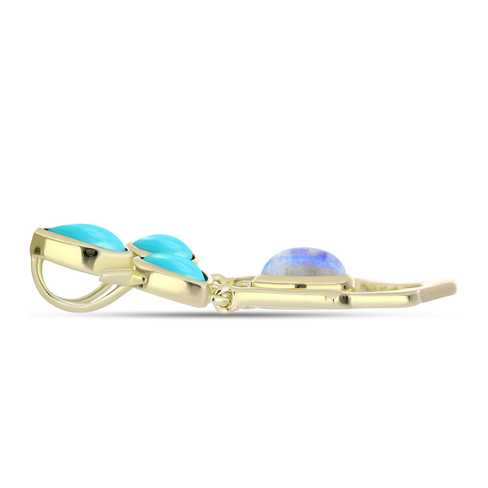 Zawieszka srebrna pozłacana z niebieskim turkusem i tęczowym kamieniem księżycowym