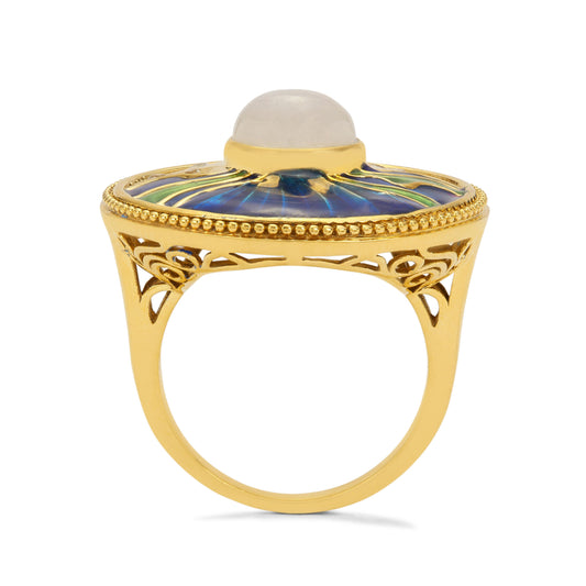 Pierścionek srebrny pozłacany z tęczowym kamieniem księżycowym i białym topazem