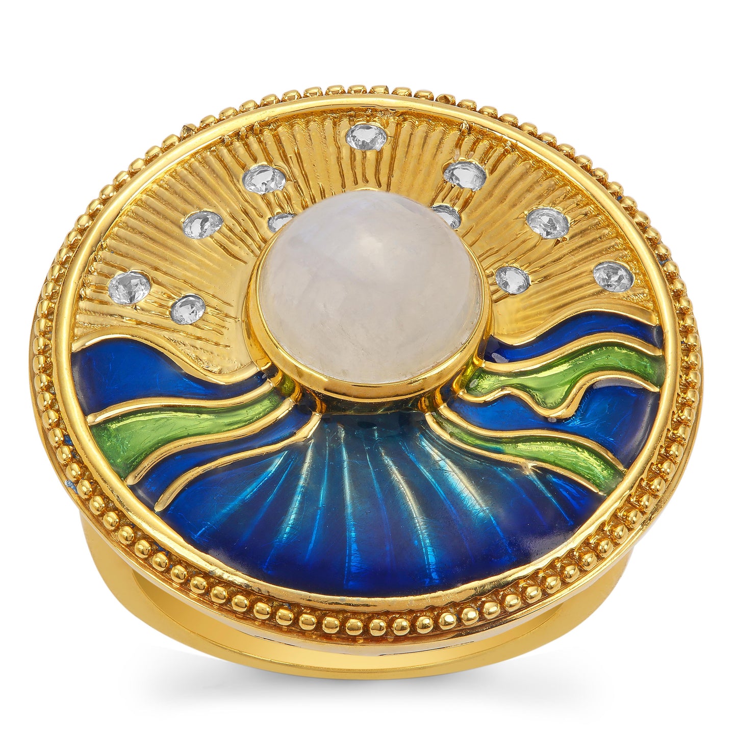 Pierścionek srebrny pozłacany z tęczowym kamieniem księżycowym i białym topazem