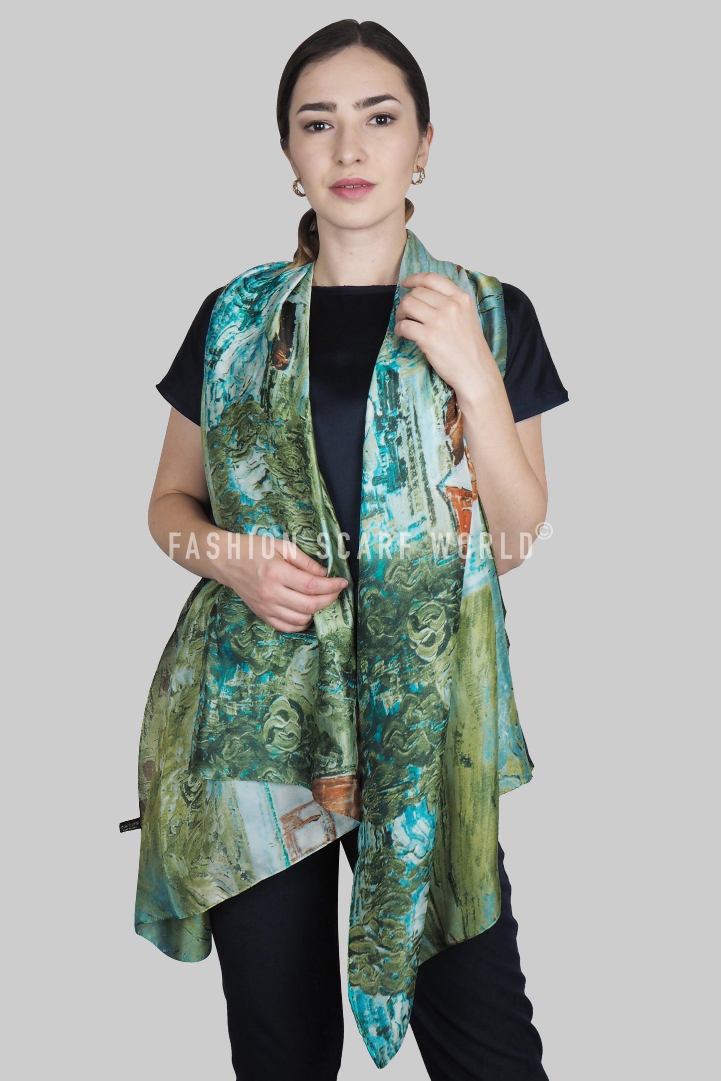 100% Real Silk Scarf-Shawl, 90 cm x 180 cm, Painted Farmhouse Scene Patterned, Green