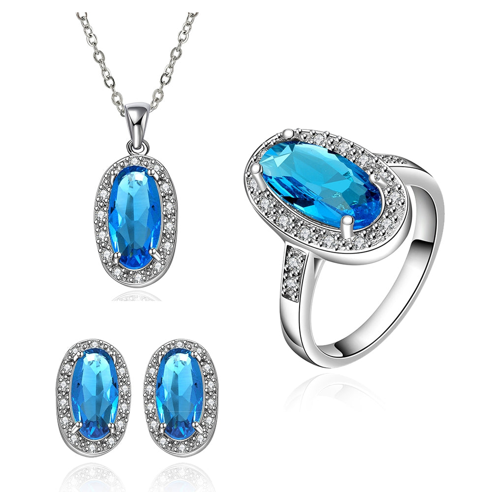 Zestaw pozłacane z niebieskim kryształem emporia® ( Naszyjnik+Kolczyki+Pierścionek )