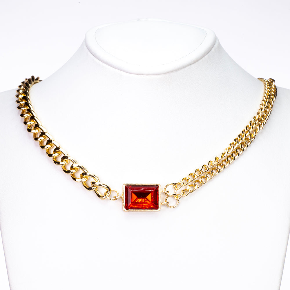 Zegarek pozłacany z czerwonym kryształem emporia® (Naszyjnik+Kolczyki+Bransoletka+Zawieszka)