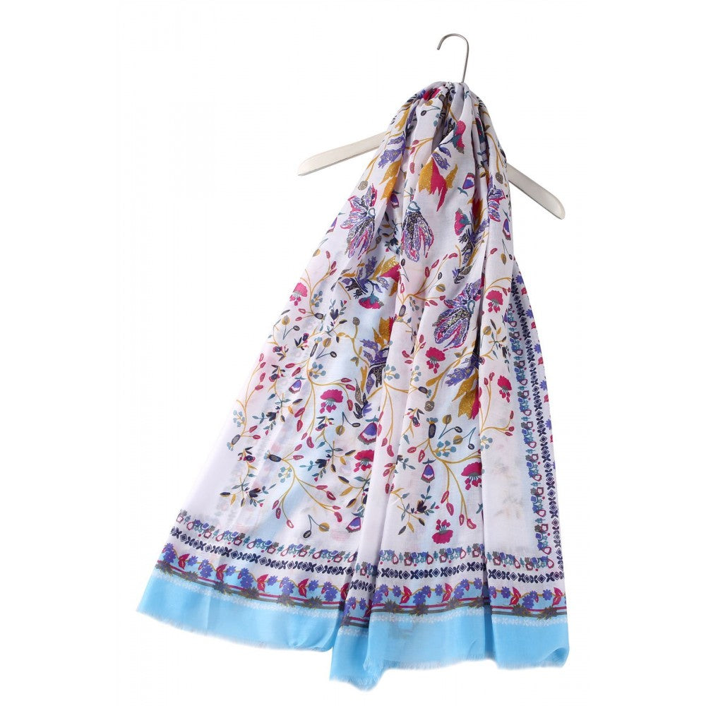 Jasnoniebieski szalik w kwiatowe postrzępione wzory w stylu ludowym, 90 cm x 180 cm