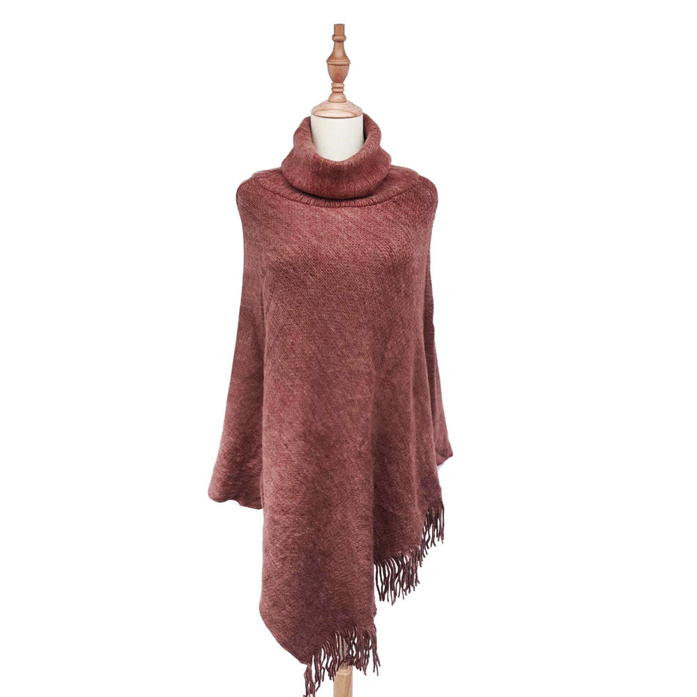 Dzianinowe ponczo z wysokim kołnierzem, 50 cm x 70 cm x 335 cm, Rdzawobrązowe
