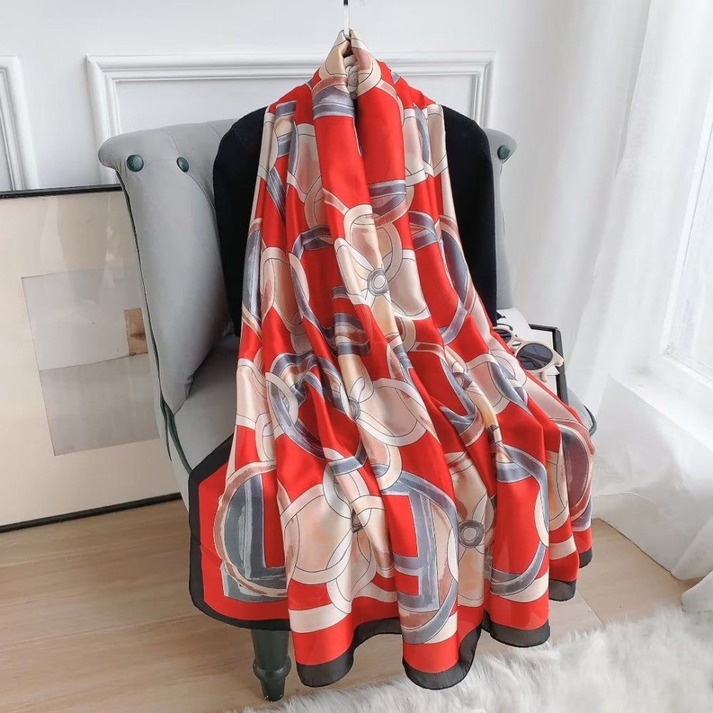 Jedwabny szalik, 90 cm x 180 cm, piękne kwiaty w obfitości, czerwony, 100% jedwab