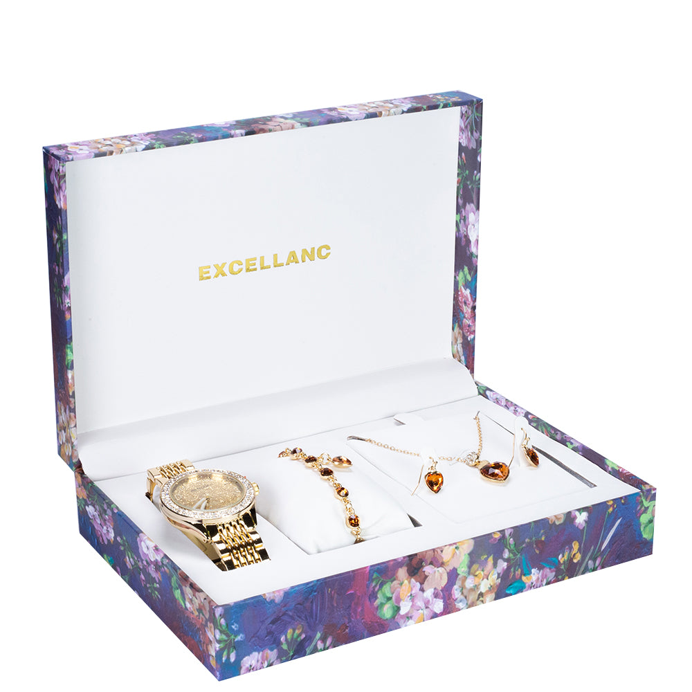 Zestaw damskich zegarków prezentowych Excellanc z bransoletą i naszyjnikiem ze złotymi kryształami Emporia w kształcie serca, w kolorze złotym