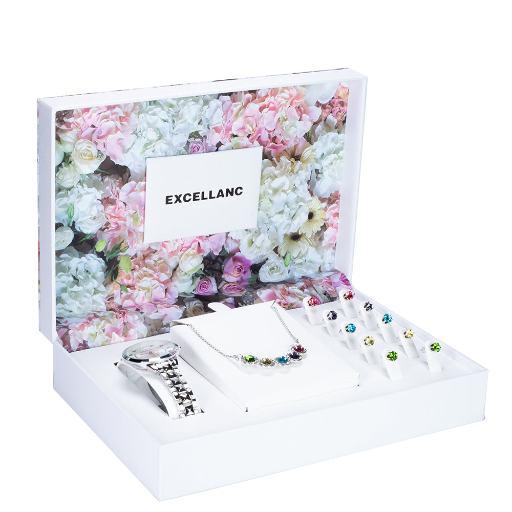 Zestaw zegarków damskich Excellanc z 5 parami kolczyków i 1 naszyjnikiem z wielokolorowymi kryształami Emporia, w kolorze srebrnym