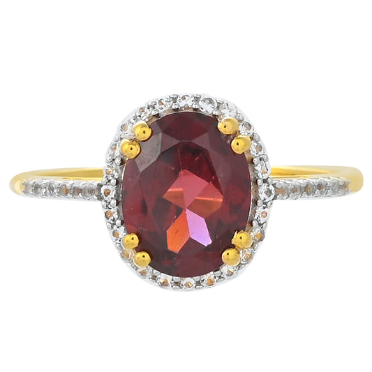 Pierścionek srebrny pozłacany z granatem rodolitem i białym topazem