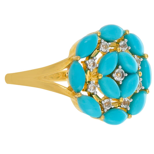 Pierścionek srebrny pozłacany z niebieskim turkusem i białym topazem