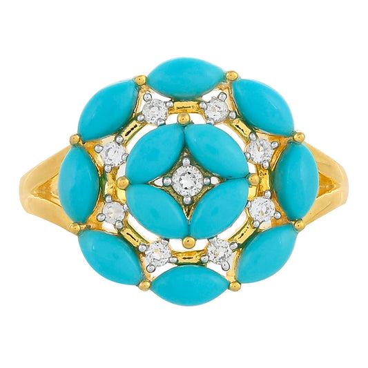 Pierścionek srebrny pozłacany z niebieskim turkusem i białym topazem