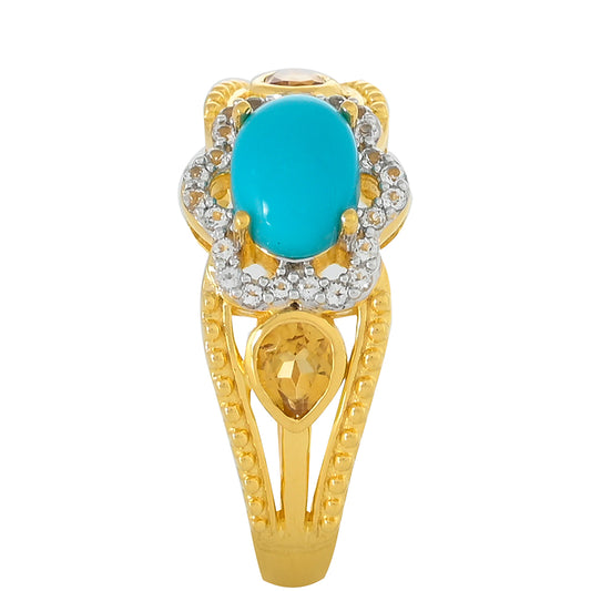 Pierścionek srebrny pozłacany z niebieskim turkusem i cytrynem