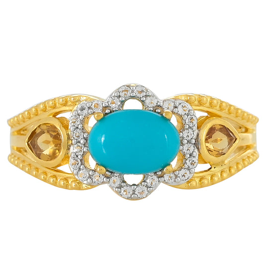 Pierścionek srebrny pozłacany z niebieskim turkusem i cytrynem