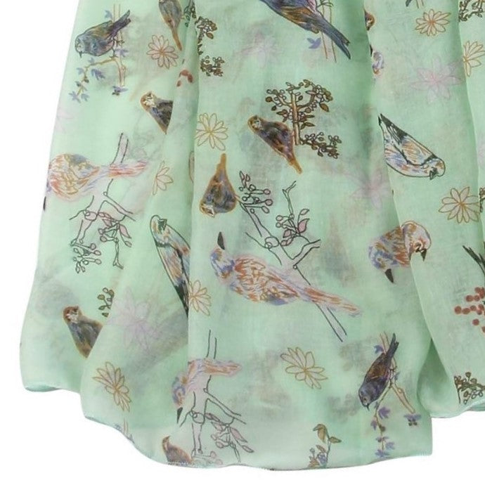 Miętowy zielony szalik w ptaszki i kwiaty, 90 cm x 180 cm
