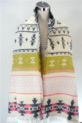 Wełniany szal, 190 cm x 53 cm, wzorzysty aztecki, kolor kremowo-granatowy