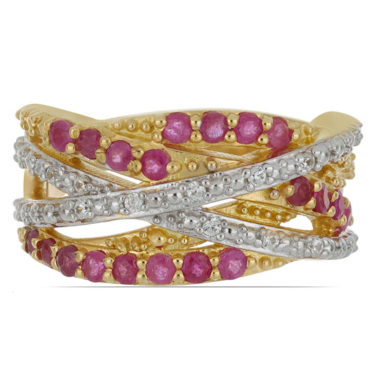 Pierścionek srebrny pozłacany z malgaskim rubinem i naturalnym cyrkonem