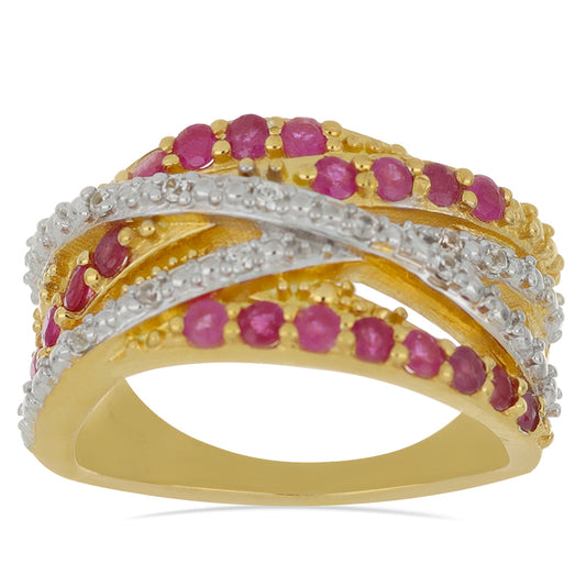 Pierścionek srebrny pozłacany z malgaskim rubinem i naturalnym cyrkonem