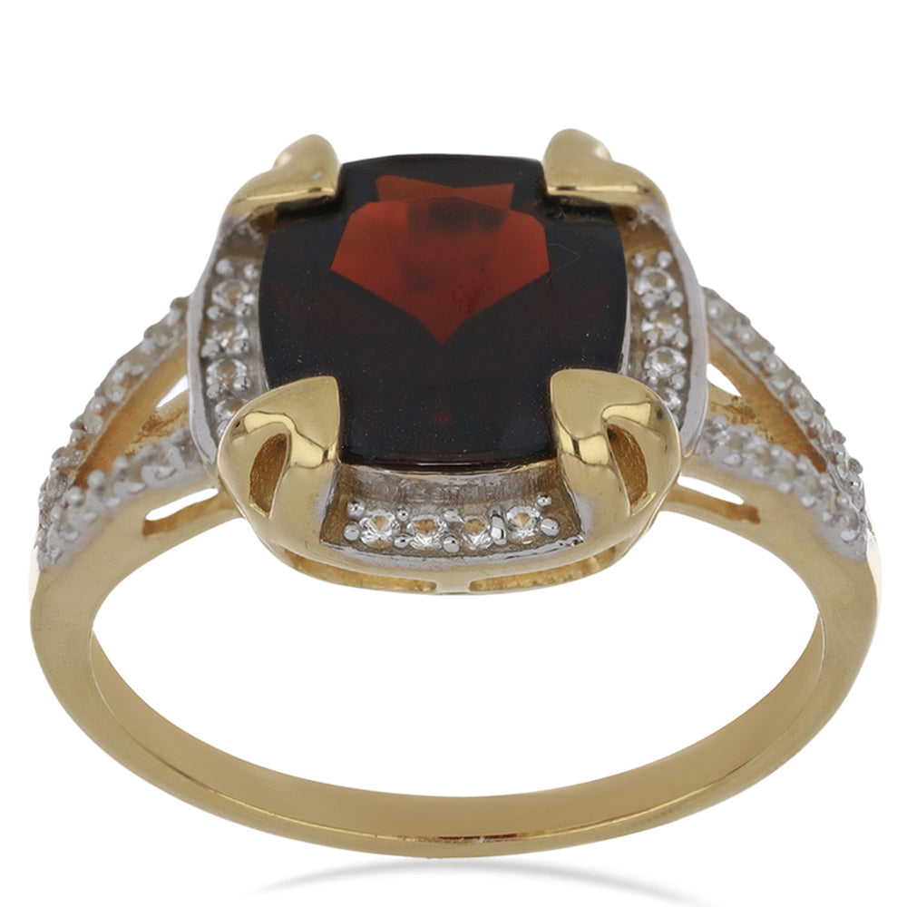 Pierścionek srebrny pozłacany z granatem i białym topazem