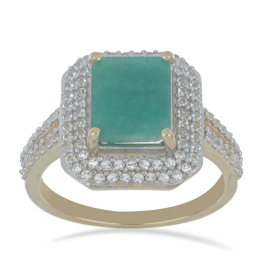 Pierścionek srebrny pozłacany z brazylijskim szmaragdem i białym topazem