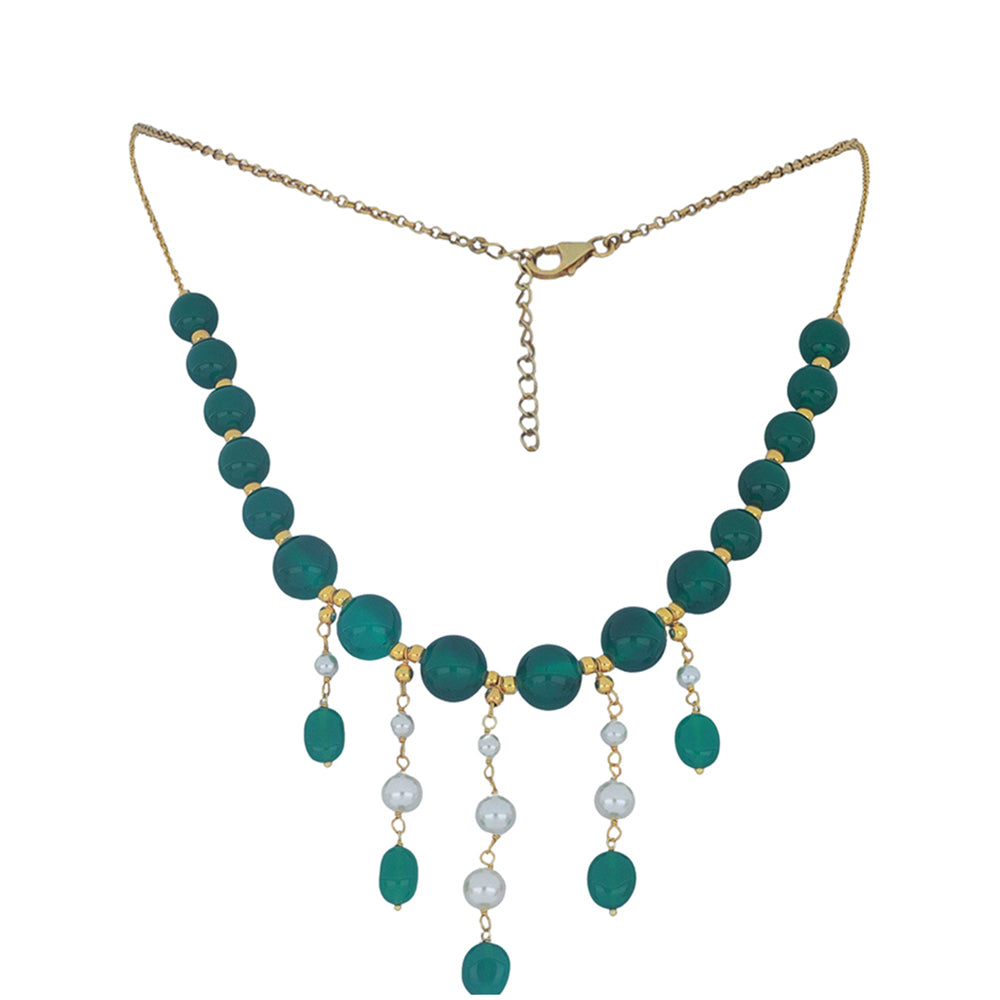 Naszyjnik srebrny pozłacany z zielonym agatem
i białą perłą słodkowodną