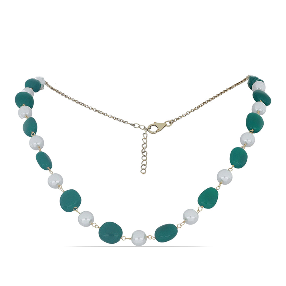 Naszyjnik srebrny pozłacany z zielonym agatem
i białą perłą słodkowodną