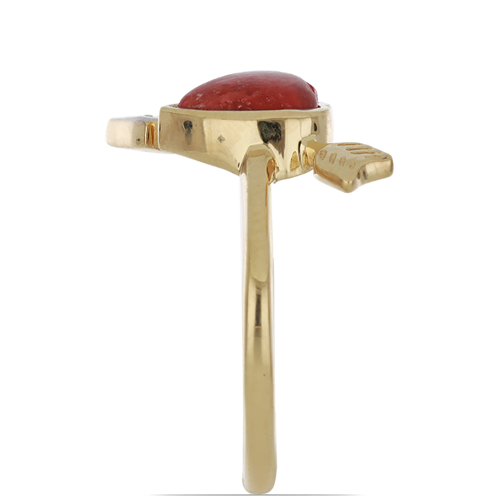 Pierścionek srebrny pozłacany z czerwoną gąbką koralową i białym topazem