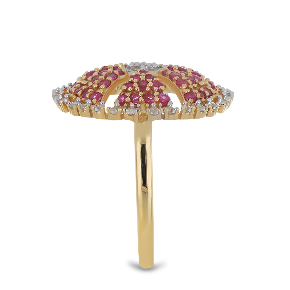 Pierścionek srebrny pozłacany z malgaskim rubinem i białym topazem