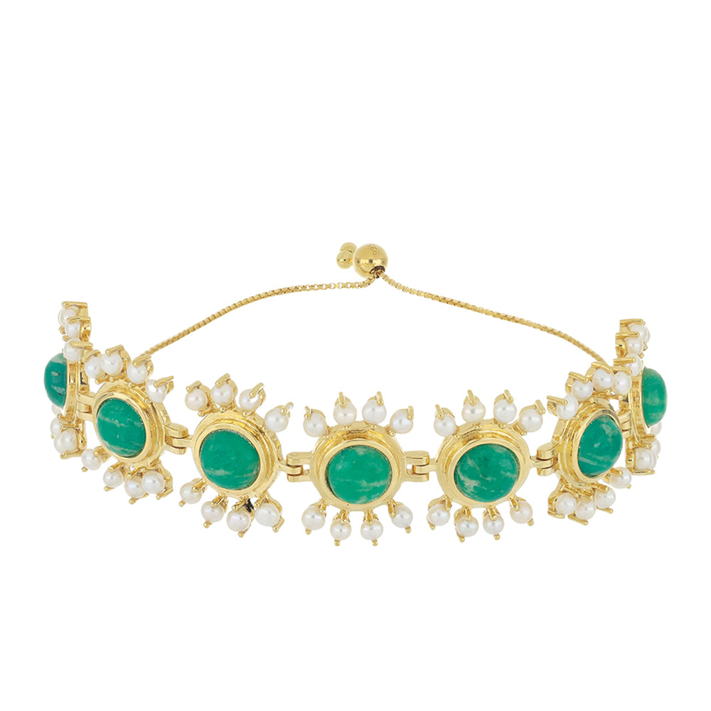 Bransoletka srebrna pozłacana z amazonitem i białą perłą słodkowodną