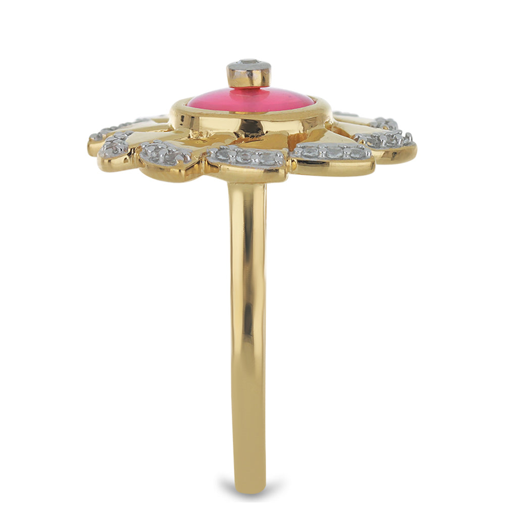 Pierścionek srebrny pozłacany z różowym opalem i białym topazem