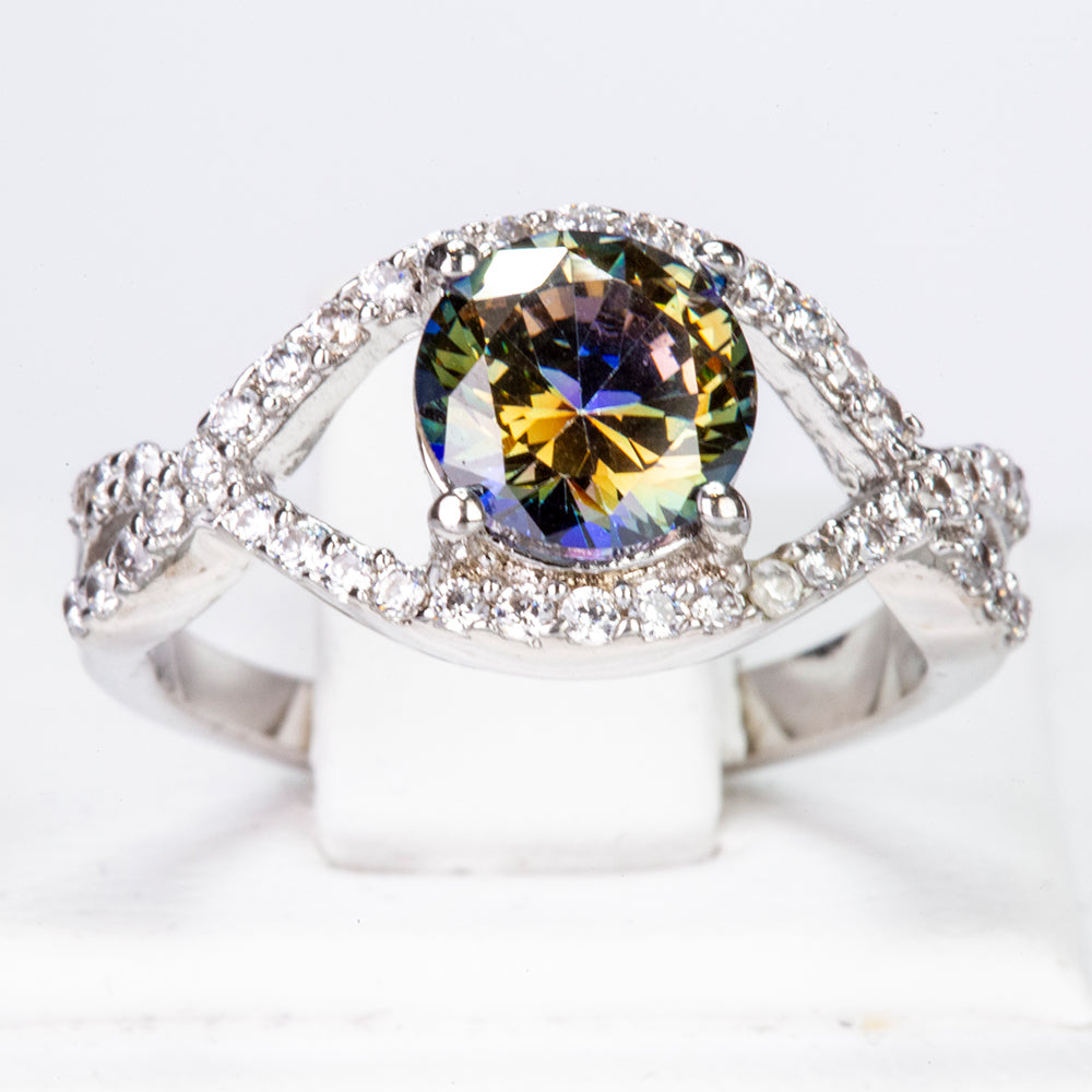 Pierścionek pozłacany z zielonym kryształem emporia® i białym kryształem emporia®