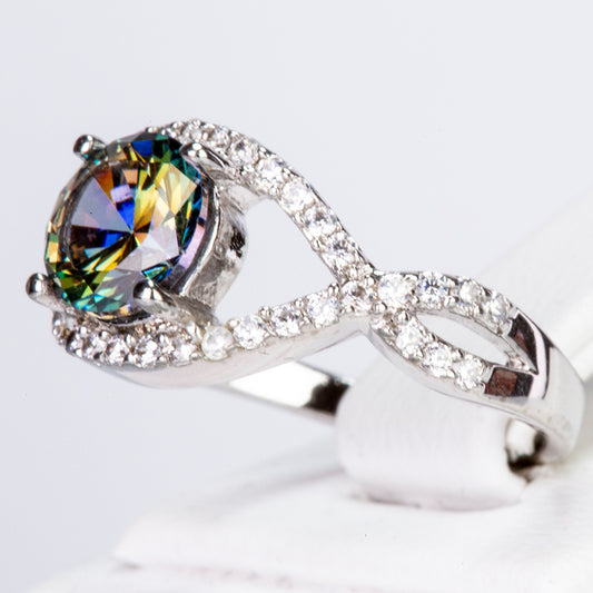 Pierścionek pozłacany z zielonym kryształem emporia® i białym kryształem emporia®