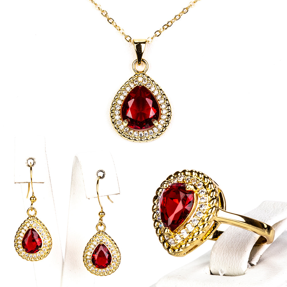Zestaw pozłacane z czerwonym kryształem emporia® ( Naszyjnik+Kolczyki+Pierścionek ) 1 