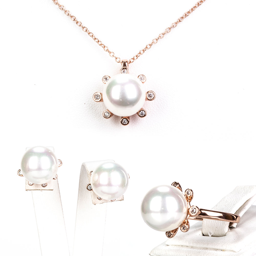 Zestaw pozłacane ze szklaną perłą i białym kryształem emporia® ( Naszyjnik+Kolczyki+Pierścionek ) 1 