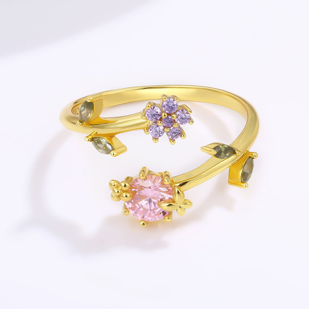 Pierścionek pozłacany z różowym kryształem emporia® i purpurowym kryształem emporia®