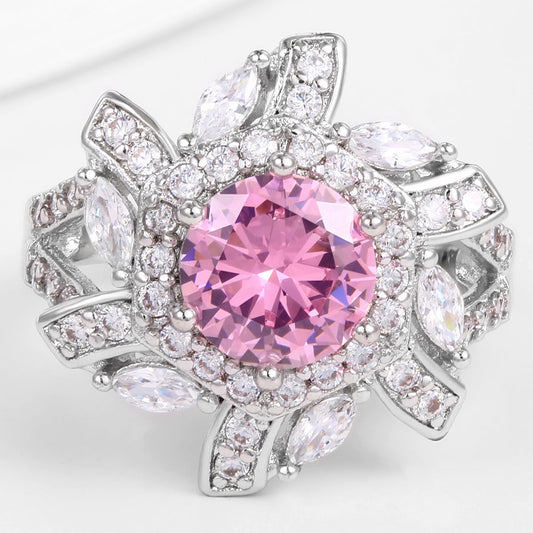 Pierścionek pozłacany z różowym kryształem emporia® i białym kryształem emporia®