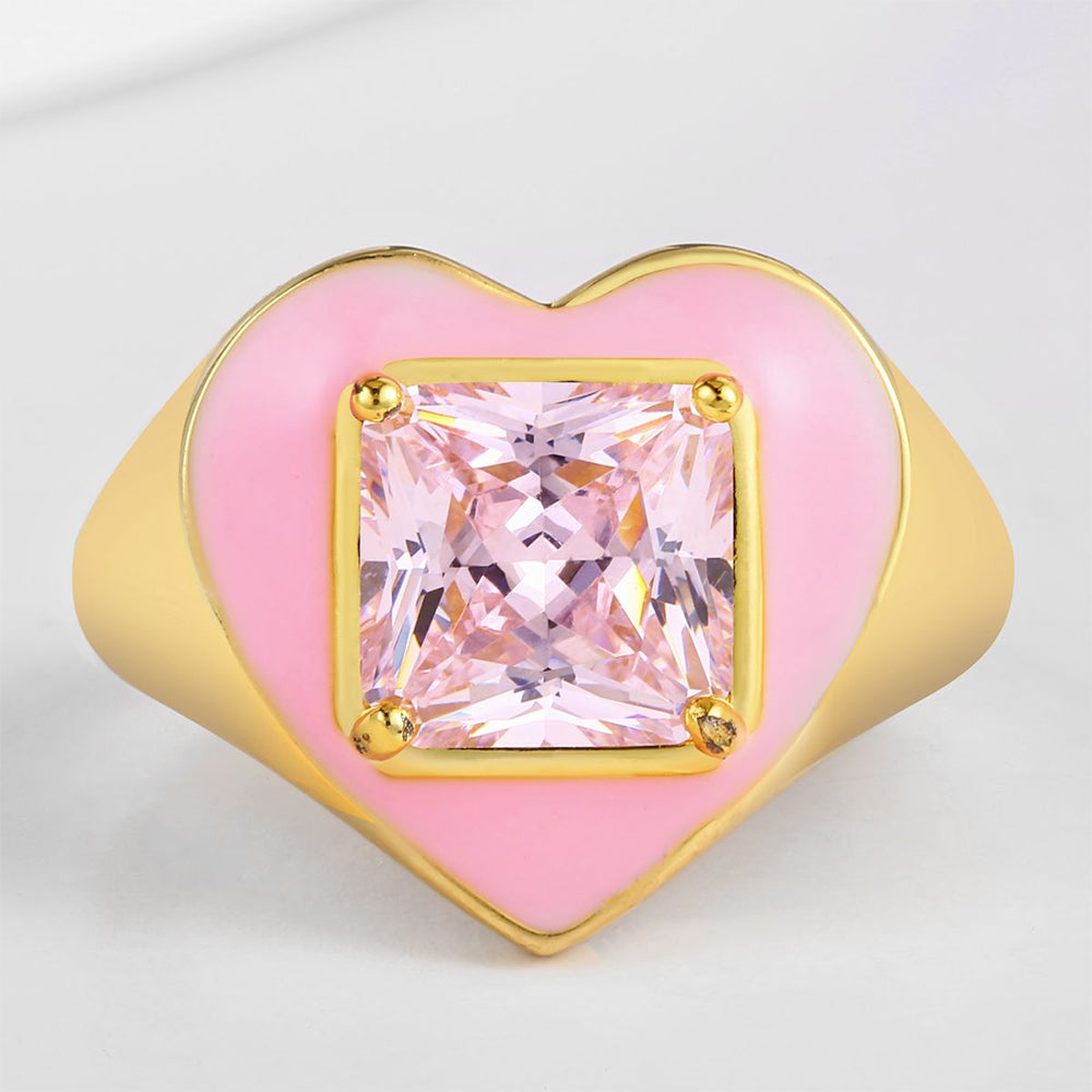 Pierścionek pozłacany z różowym kryształem emporia® i emaliowany