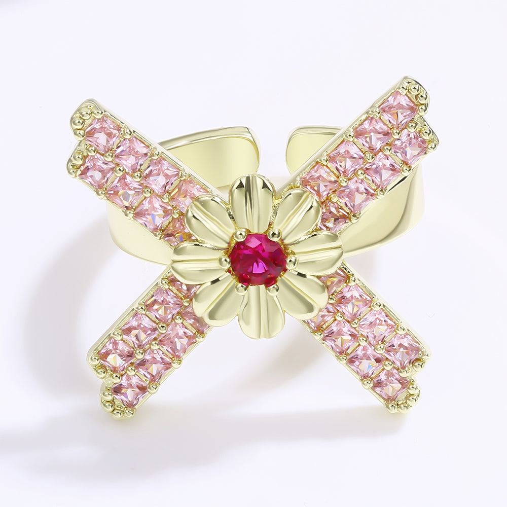 Pierścionek pozłacany z czerwonym kryształem emporia® i różowym kryształem emporia®