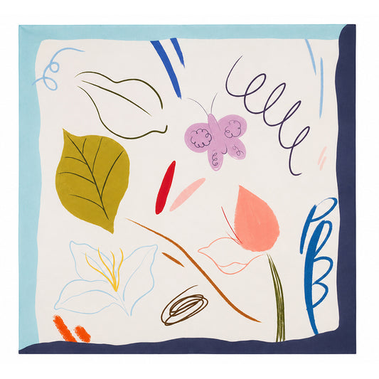Jedwabna apaszka Playful Bloom, turkusowa, 90x90 cm