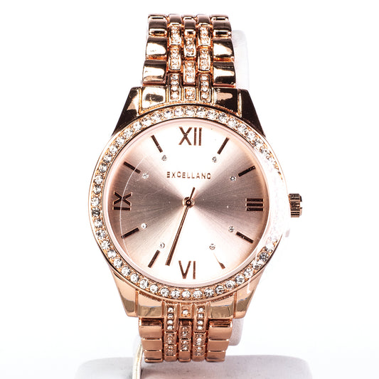 Damski zegarek Excellanc w kolorze różowego złota z metalową bransoletą, składanym zapięciem i kryształkami