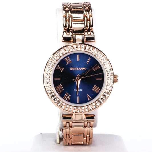 Damski zegarek Excellanc w kolorze różowego złota z metalową bransoletą i czarną tarczą