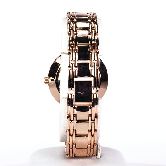 Damski zegarek Excellanc w kolorze różowego złota z metalową bransoletą i czarną tarczą