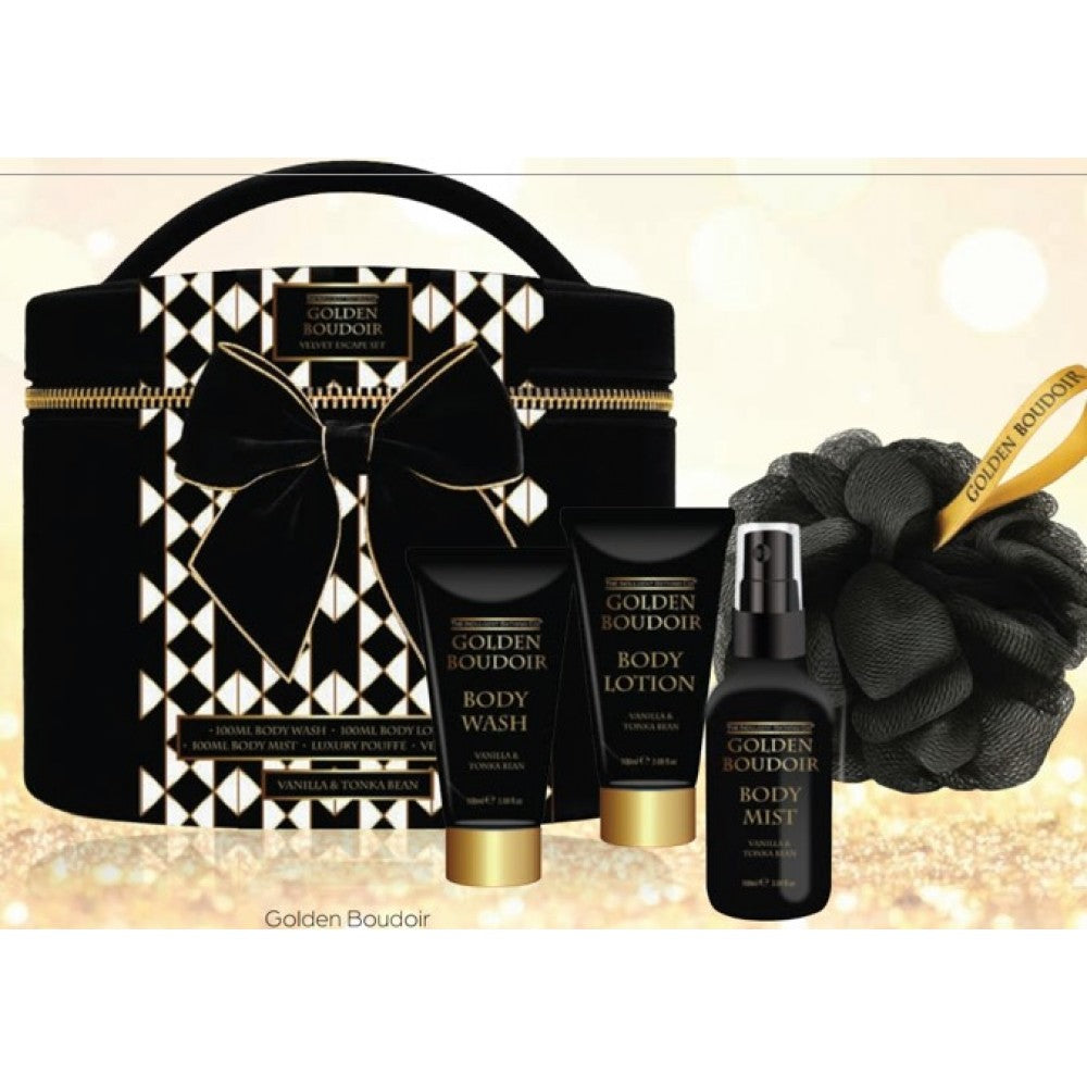 Golden Boudoir Velvet Escape Set: body wash 100ml, body lotion 100ml, body mist 100ml, Luxury Body Puff with Cool Ribbon, all in velvet barrel bag