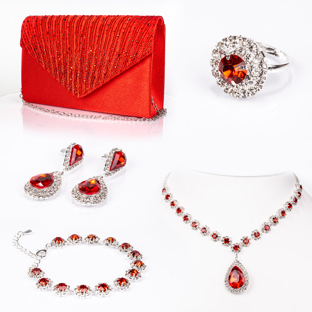 Torebka pozłacany z czerwonym kryształem emporia® i białym kryształem emporia® ( Naszyjnik+Kolczyki+Bransoletka+Pierścionek )