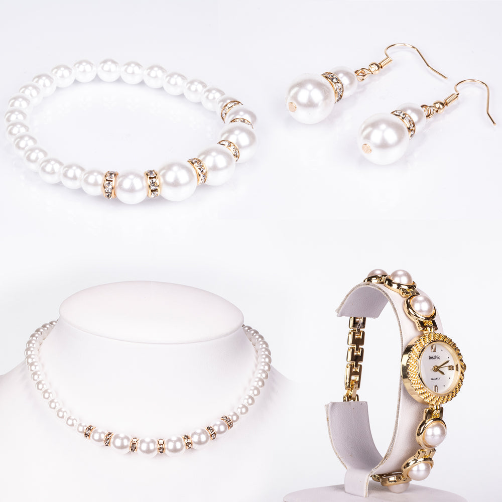 Zegarek pozłacany z białym kryształem emporia® ( Naszyjnik+Kolczyki+Bransoletka )