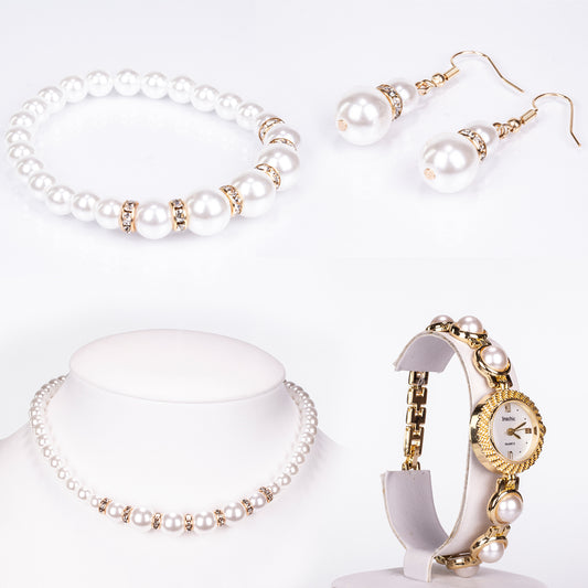 Zegarek pozłacany z białym kryształem emporia® ( Naszyjnik+Kolczyki+Bransoletka )