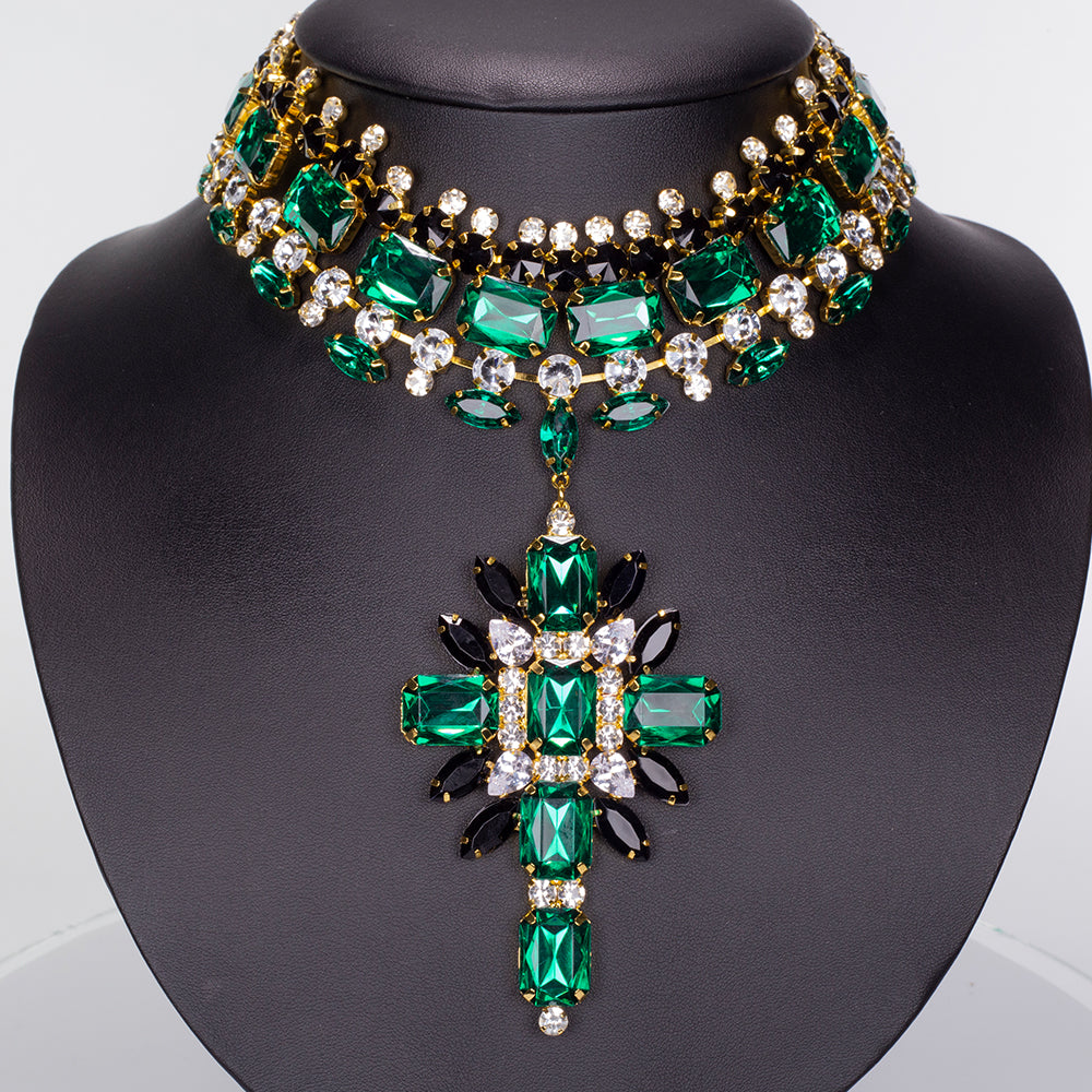 Zestaw pozłacane z zielonym kryształem emporia® i białym kryształem emporia® ( Naszyjnik+Kolczyki )