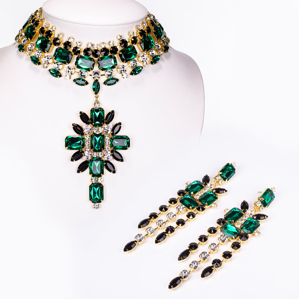 Zestaw pozłacane z zielonym kryształem emporia® i białym kryształem emporia® ( Naszyjnik+Kolczyki )